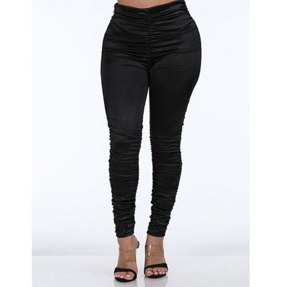 Black High Waist Satin Feel Ruched Leggings